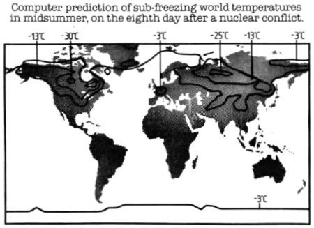 Diagram showing how the temperature in different areas of the world might be affected by a nuclear winter.
